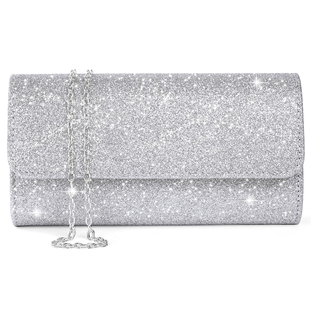 OSDUE Evening Bag Clutch Purses, Rhinestones Purse Silver Sparkling Wedding Party Purse Envelope Evening Bag with Detachable Chain for Women