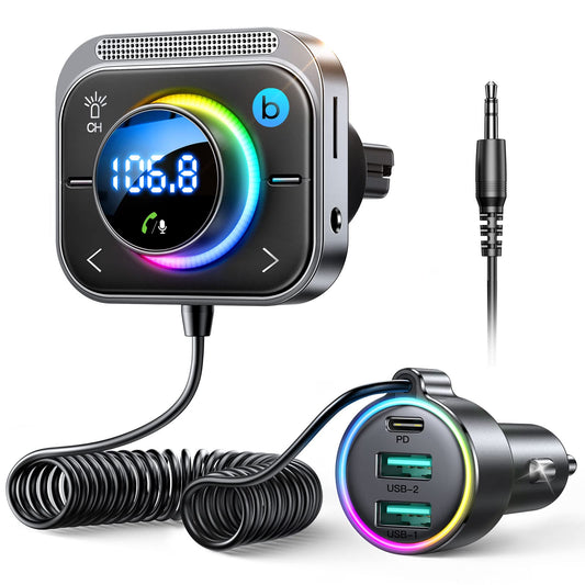 JOYROOM 66W Bluetooth 5.4 Car Adapter Aux with 3 Charging Ports【PD 30W & 2 * 18W】【Air Vent Installation for Safe】 Deep HiFi Bass Player Wireless Radio FM Transmitter for Car with Colorful LED Light