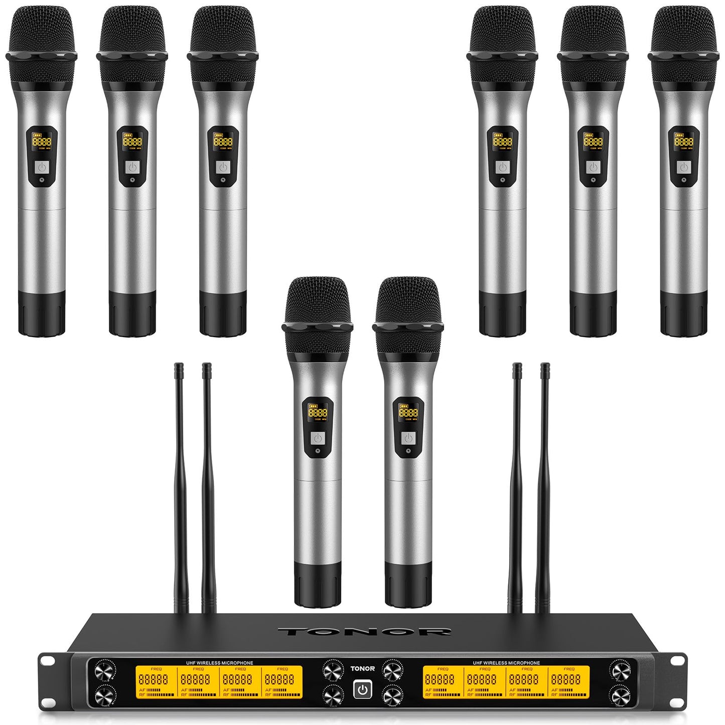 TONOR Wireless Microphone System, 12-Channel UHF Cordless Mic, 8 Handheld Metal Dyanmic Mic with Receiver, 295ft Range, 8x12 UHF Frequencies, Mic Mute, Ideal for Church Singing Karaoke Rehearse TW880