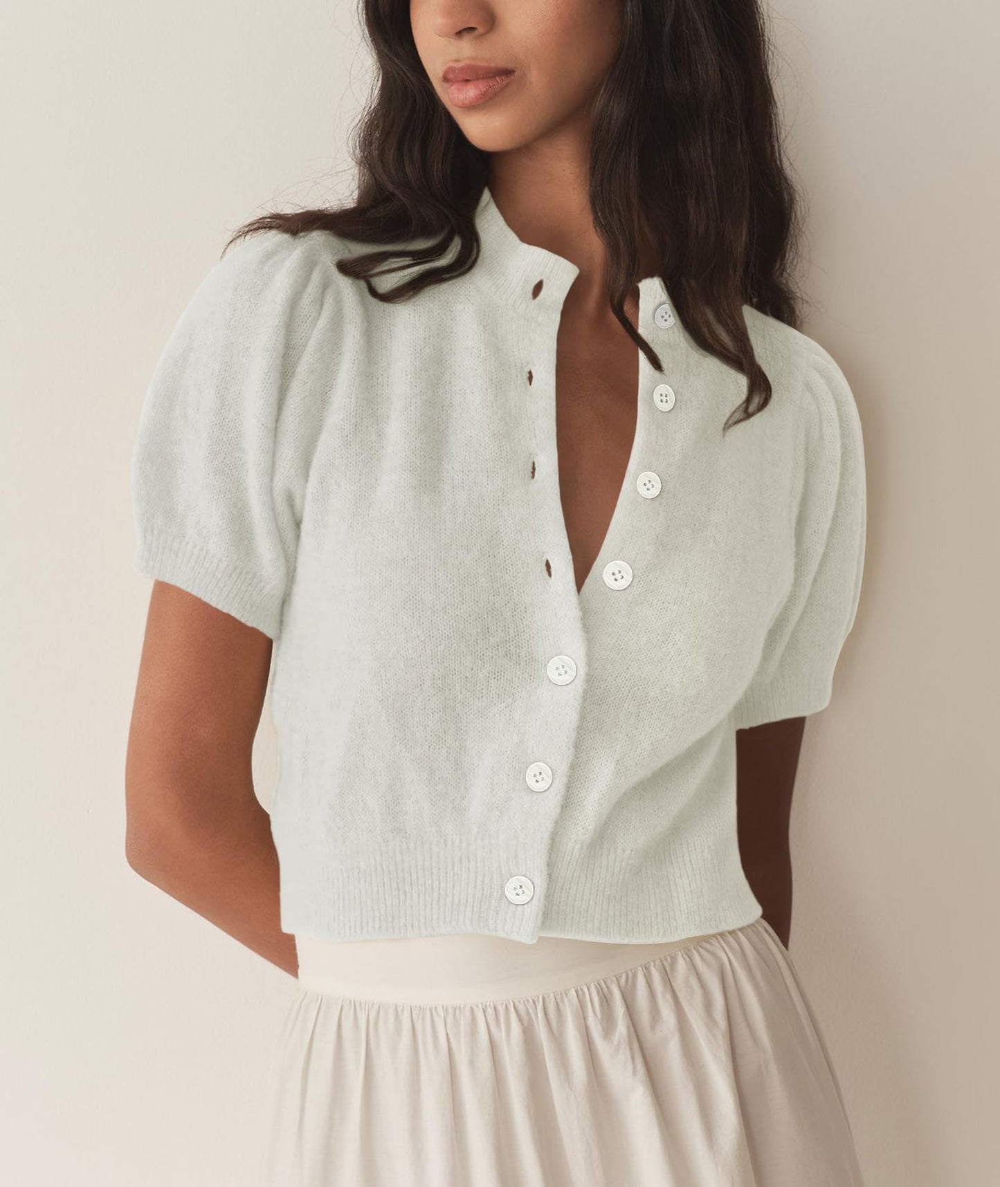 Short Sleeve Cardigan Sweater for Women Cropped Summer Lightweight Button Down y2k Knit Crop Cardigans White M