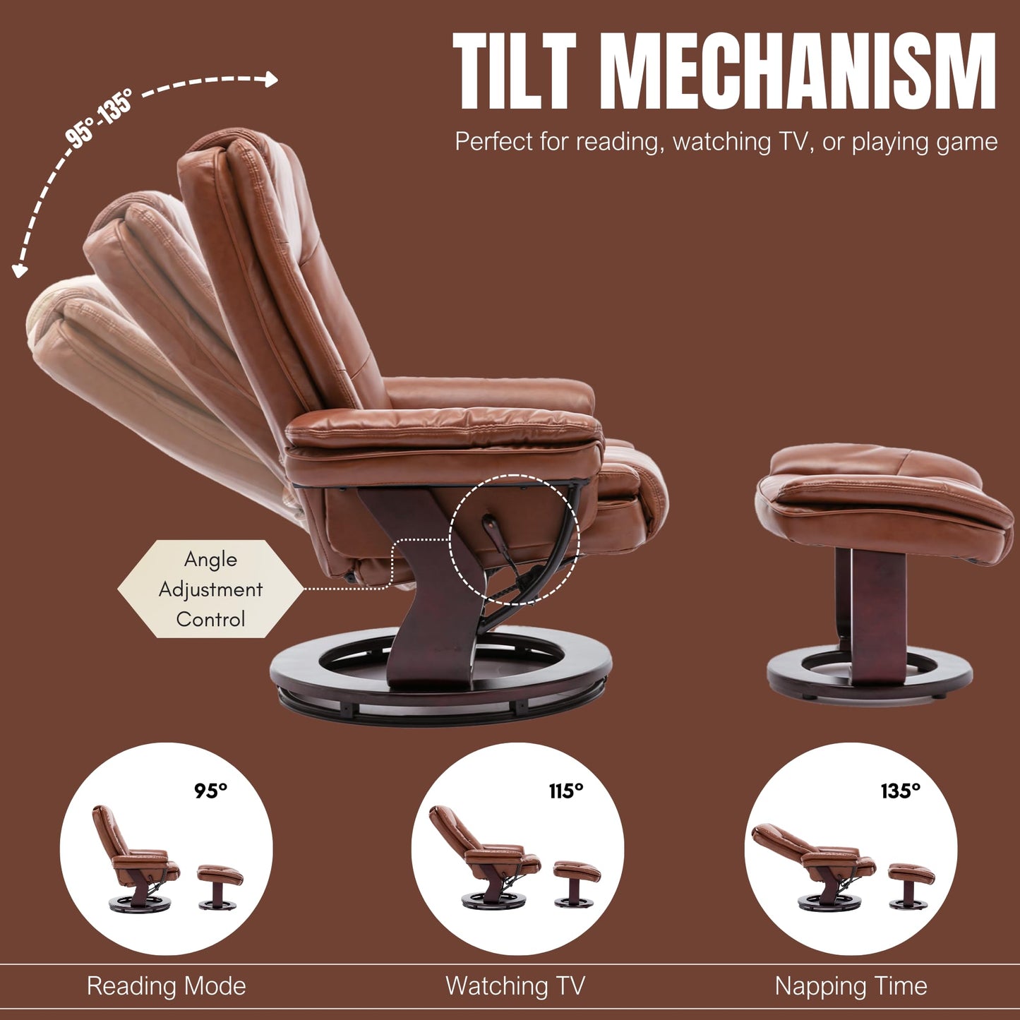 JC Home Argus Swivel Recliner with Ottoman, PU Leather & Wood Base Reclining Chair with Footrest, Ultra-Plush Double Foam for Living Room, Bedroom and Office
