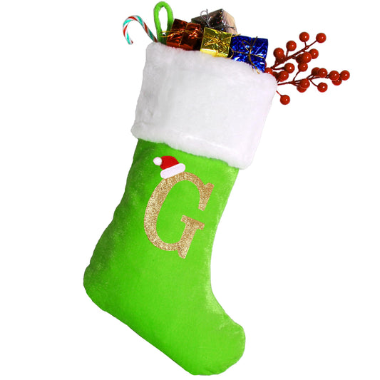 20 Inches Monogram Christmas Stockings with Letters, Large Super Soft Christmas Stockings Green Velvet with White Super Soft Plush Cuff for Christmas Xmas Tree Holiday Fireplace Green