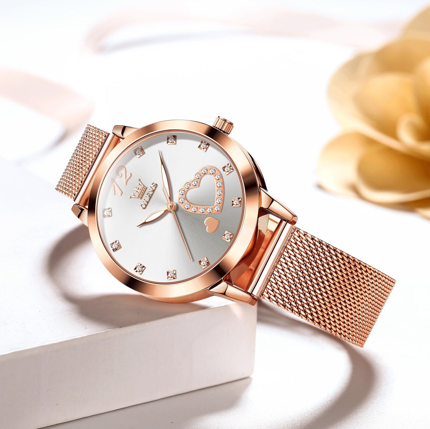 OLEVS Rose Gold Watches for Women White Face Stainless Steel Mesh Bracelet Womens Diamond Watch for Small Wrists Cute Waterproof Analog Quartz Womens Wristwatch Luminous Reloj para Mujer