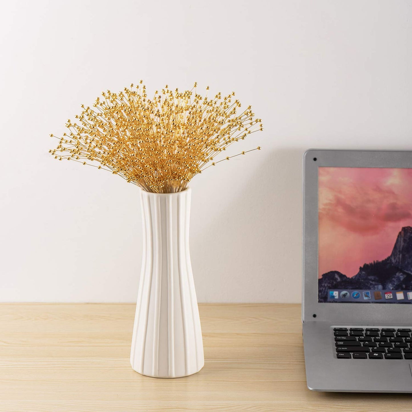 60 Pieces Pearl Stick Stems Bouquets, 4mm Bead String Garland Beaded Spray Filler Floral Arrangements Tree Picks Wedding Party Decoration (Gold)