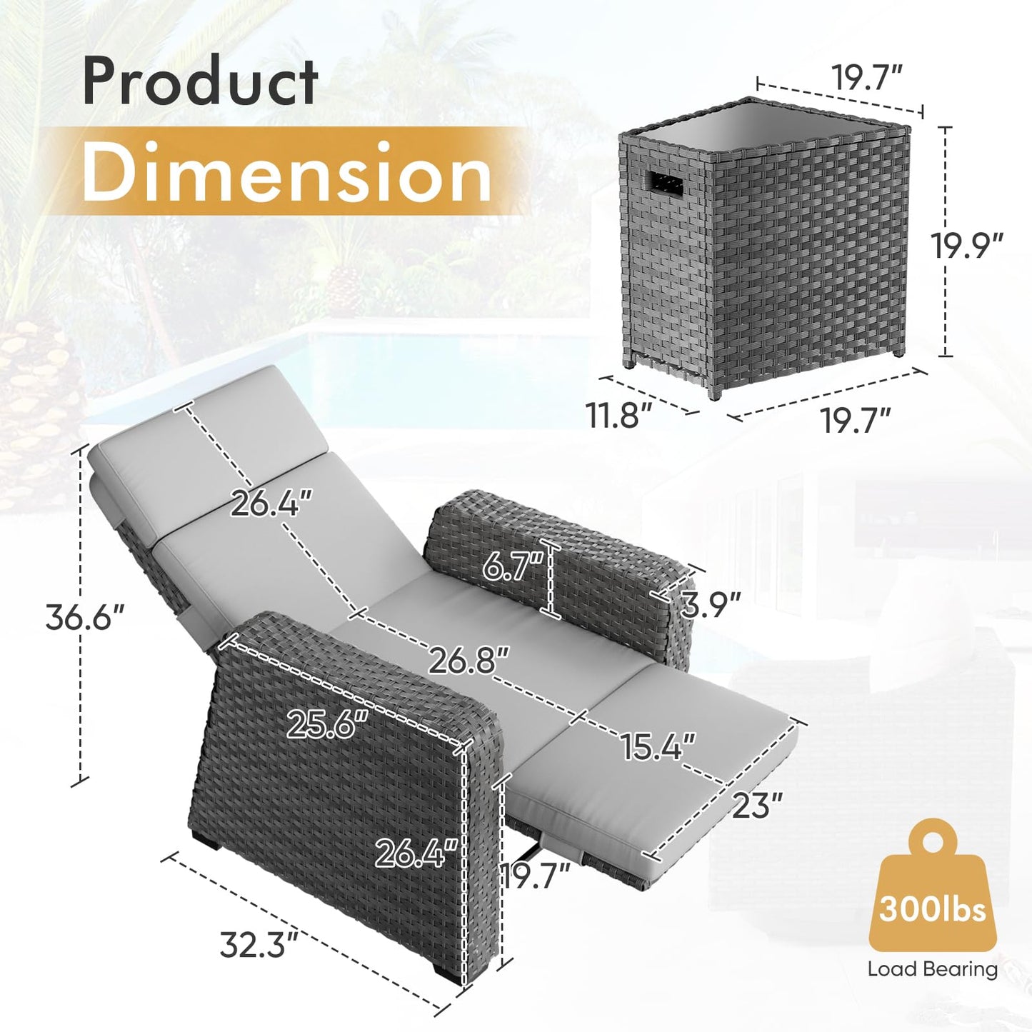 K Knowbody Outdoor Recliner Patio Chair, All-Weather Wicker Furniture Reclining with Air Pump, 150° Lay-Flat Position, Extended Footrest, Flip-Up Side Table, Removable Gray Olefin Cushions