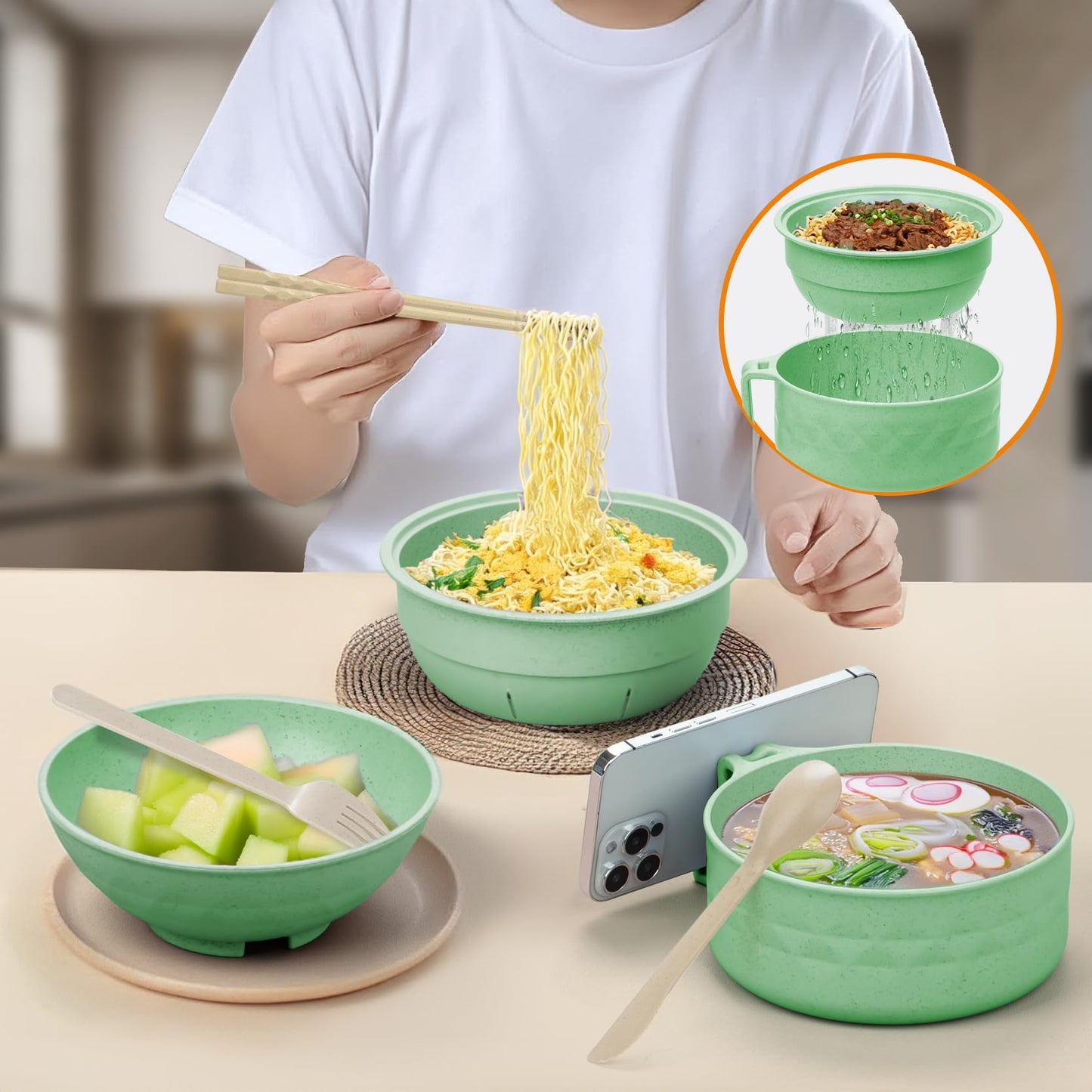 MUUBOOX 2 Sets Microwave Ramen Cooker,33 oz Ramen Bowl Set,Microwave Noodle Bowl,Ramen Bowl With Chopsticks and Spoon, College Dorm Room Essentials, Apartment Essentials, BPA-Free (green blue)