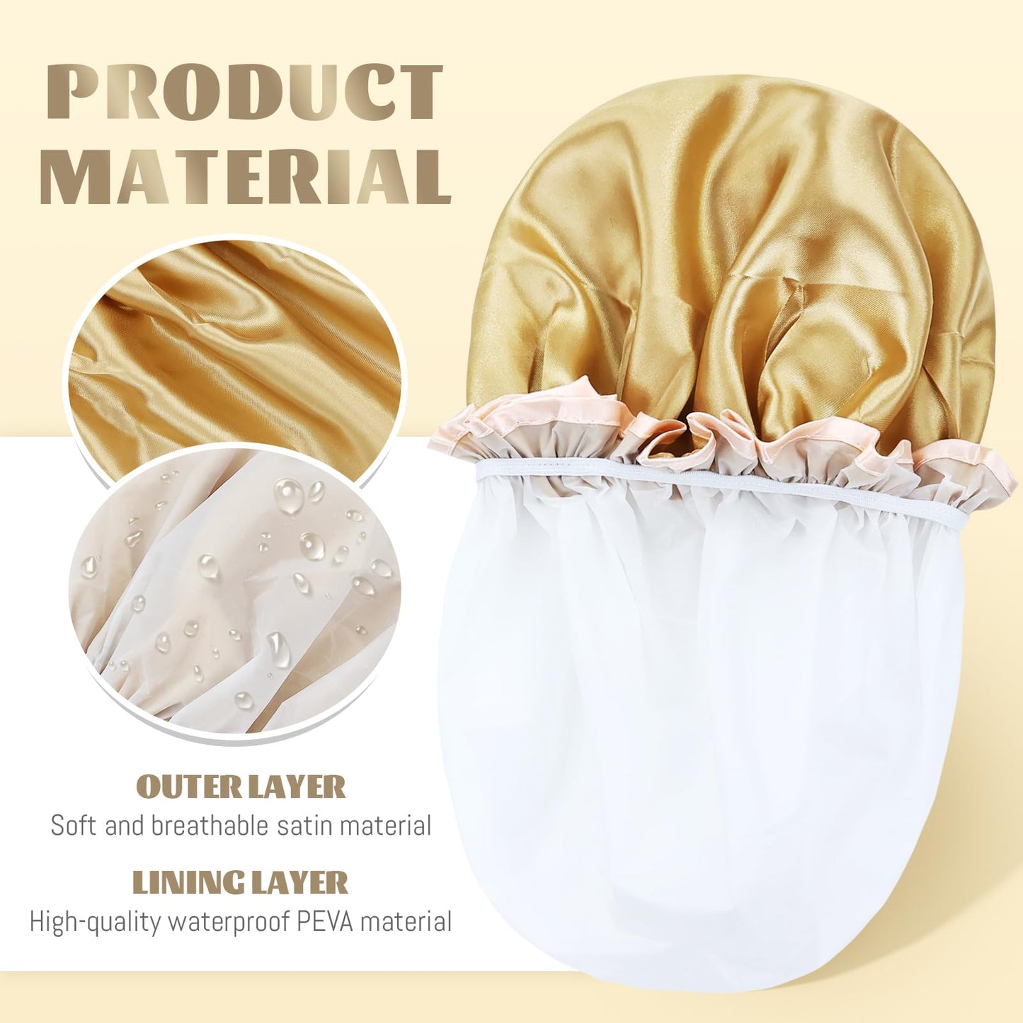 Lawie 4 PACK Double Layer Waterproof Reusable Satin Shower Caps with Adjustable Bath Hair Caps Stretchy PEVA Bathing Hats Bonnets Curly Long Braids Hair for Women Girls (pack 1 of solid colors)