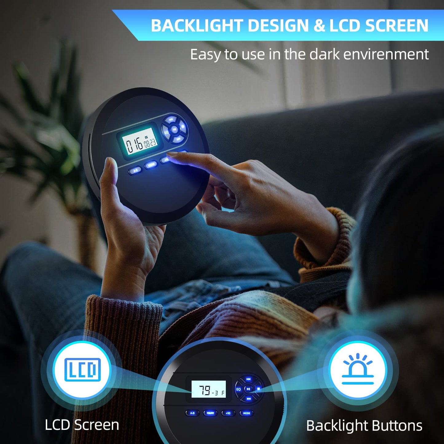 DESOBRY CD Player Portable with Speakers & FM Transmitter, Rechargeable Compact CD Player for Car Built-in 2000mAh, Portable Player with LCD Screen, Earphones, AUX Cord