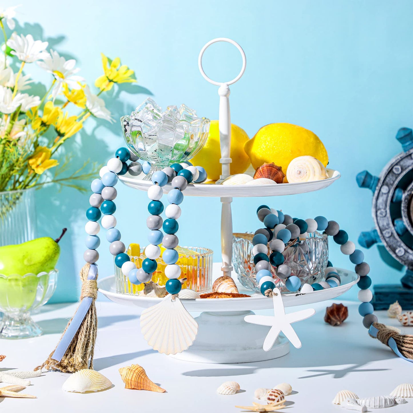 2 Pcs Farmhouse Seashell Bead Garland with Tassels Decorative Beads Decor Nautical Farmhouse Tiered Tray Decorations Set Coastal Garland for Home and Kitchen, Wooden Beads