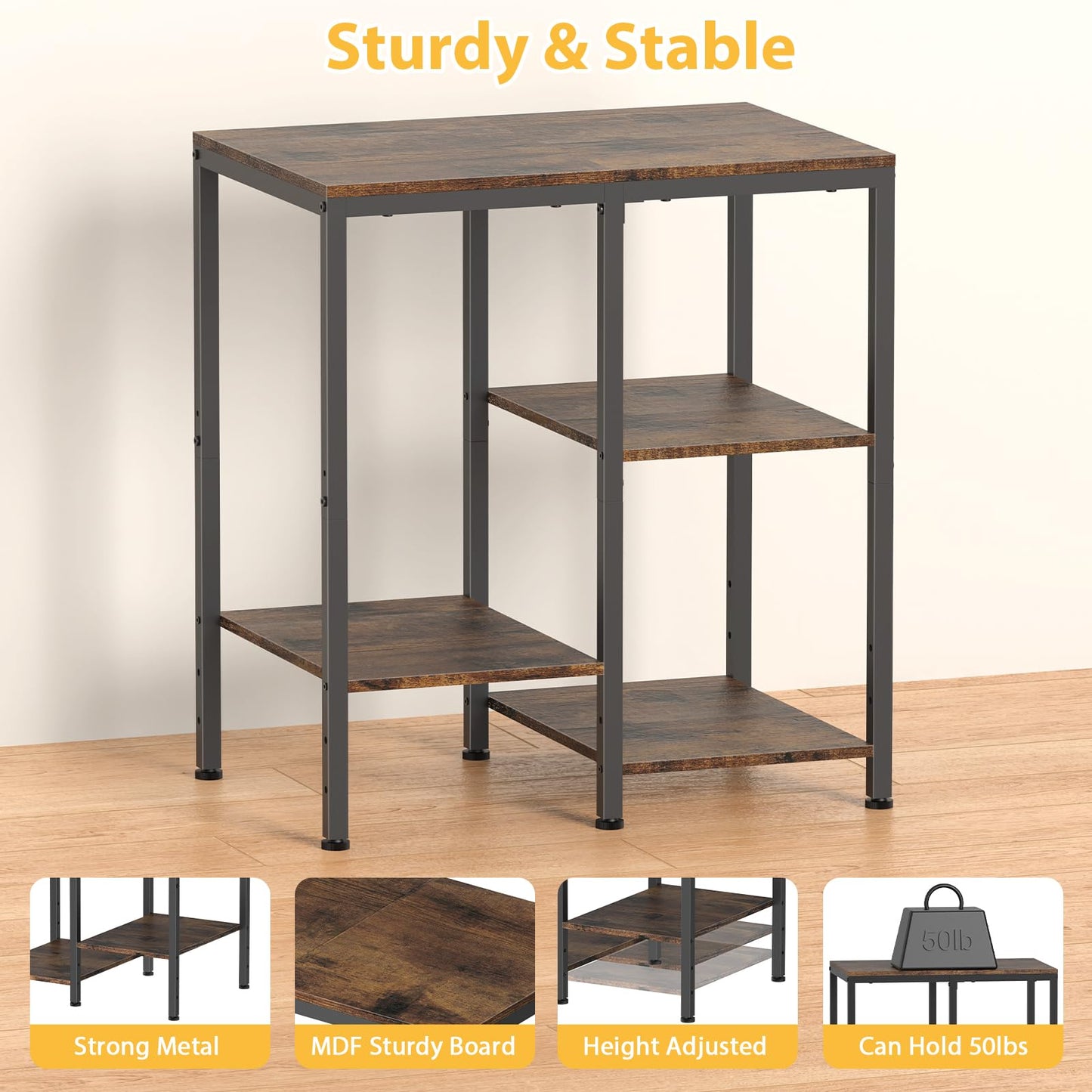 OGEMXU Kitchen Microwave Stand,4-Tier Adjustable Bakers Rack,Multi-Purpose Kitchen Storage Cart for Coffee Station,Space-Saving Metal Appliance Shelf for Living Room,Rustic Brown