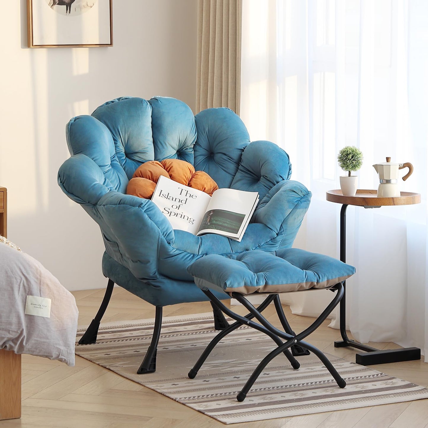 Furlide Lazy Chair with Ottoman, Modern Floral Reading Chair with Folding Footrest, Lounge Accent Chairs, Comfortable Oversized Armchairs for Bedroom, Living Room, Courtyard, Velvet Light Blue