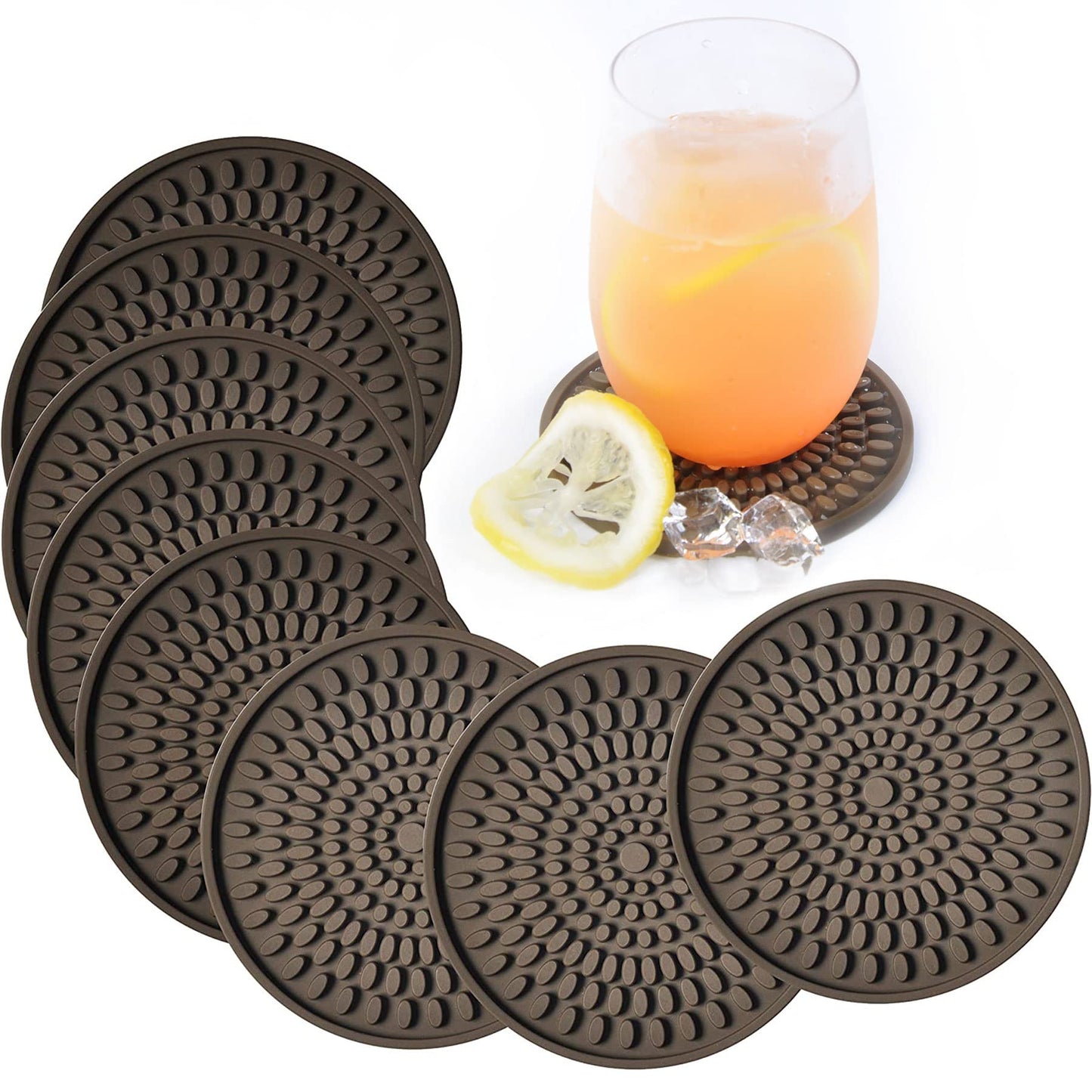 KindGa Coasters for Drinks Absorbent, Rubber Brown Coasters Set of 8, Large Silicone Drink Coaster for Furniture Protection, Deep Tray 4.3 Inch Oval Shape Reusable Heat-Resistant Mat