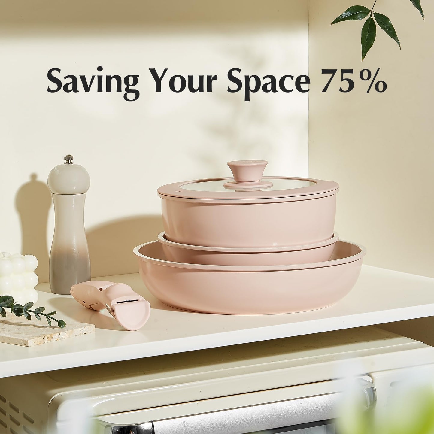 Redchef Ceramic Cookware Set, Removable Handle Pots and Pans Non-Stick, Rv Cookware Set, Non-Toxic Pots and Pans Set No PFAS, PTFE, PFOA, Detachable Pots and Pans, Dishwasher & Oven Safe (Pink)