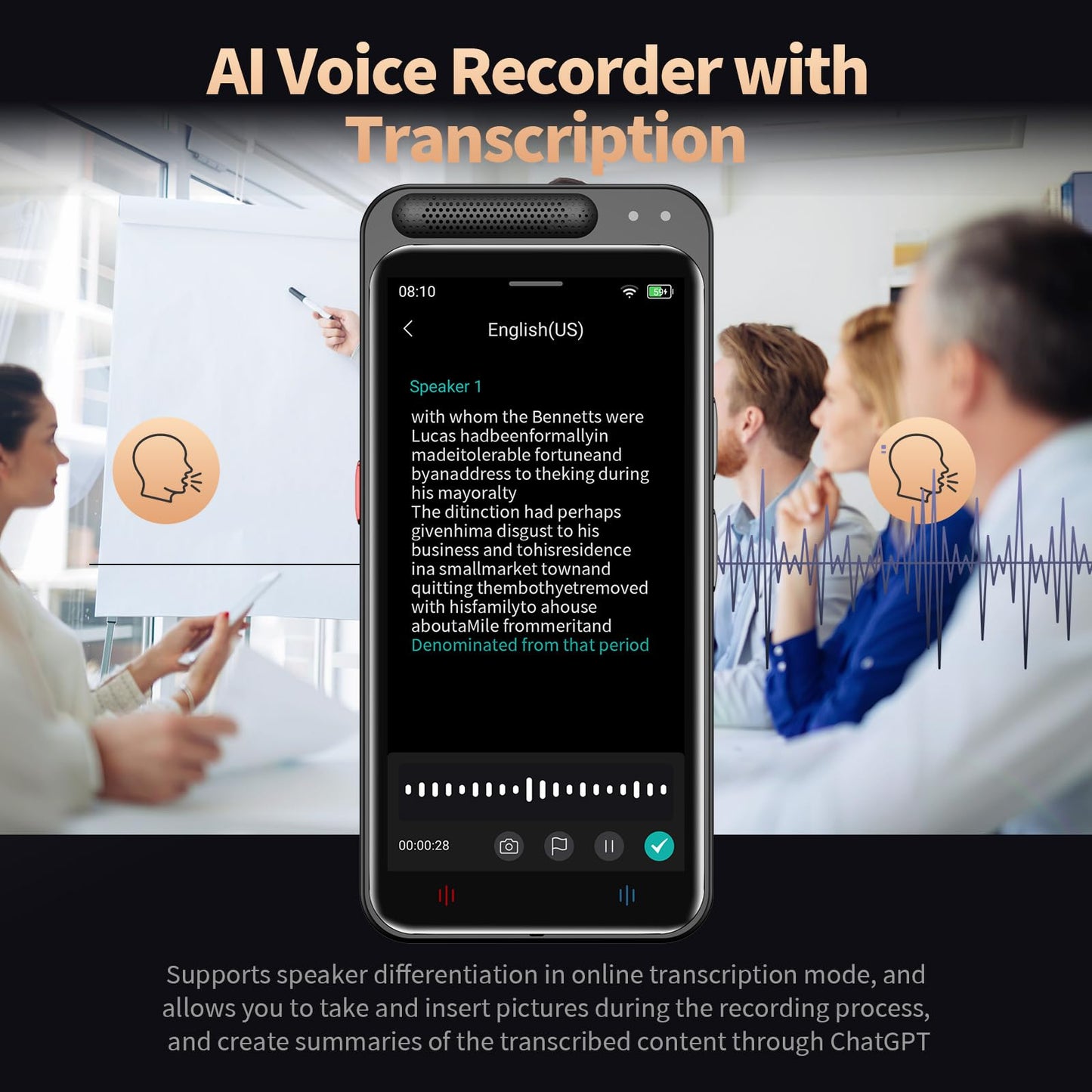 AI Voice Recorder, Digital Voice Recorder with Transcription & Summarize & Translation, 80GB Voice to Text Meeting Recorder and Transcriber, Support 134 Languages, AI Recorder Device for Lectures