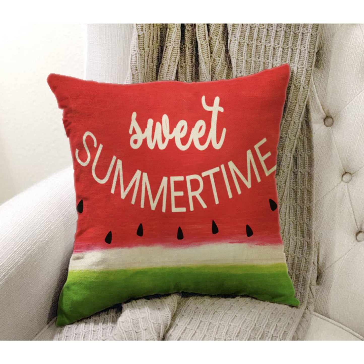 Softxpp Sweet Summer Time Decorative Throw Pillow Cover, Red Watermelon Sign Cushion Case Seasonal Rustic Home Decorations, Green Farmhouse Square Pillowcases Cotton Linen Decor for Sofa Couch 18 x 18