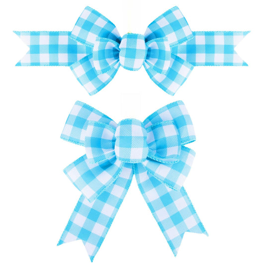 Meseey Buffalo Plaid Ribbon Bows 2-Pack Handmade Burlap Farmhouse Bows for Wreaths, Tree Decorations, Gift Wrapping (Turquoise/White)