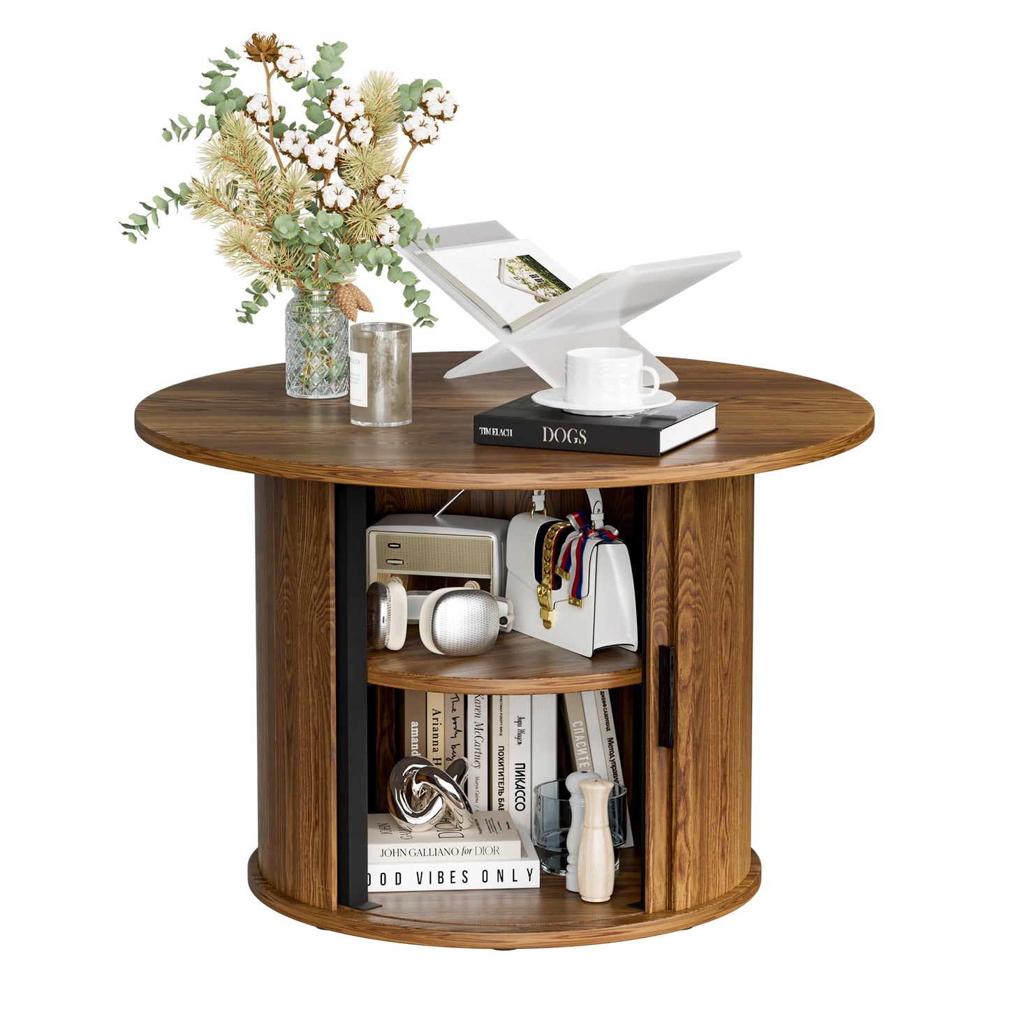 27.6" Small Round Coffee Table for Living Room, Farmhouse Fluted Side Table with 2-Tire Shelf Storage, Modern Circle Sofa Accent End Table with Walnut Finish