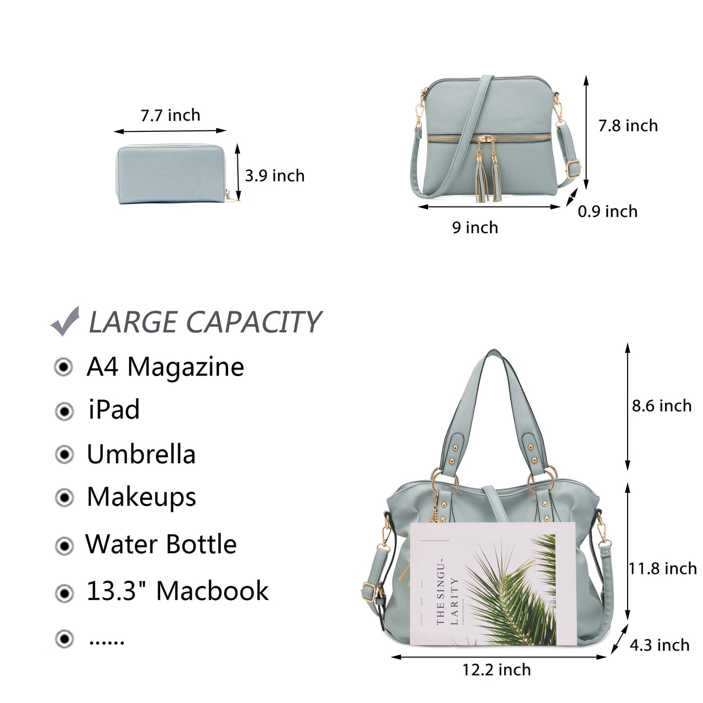 Purses And Wallets Set For Women Tote Handbags Large Hobo Bag Purse With Wallet 3PCS GreyBlue