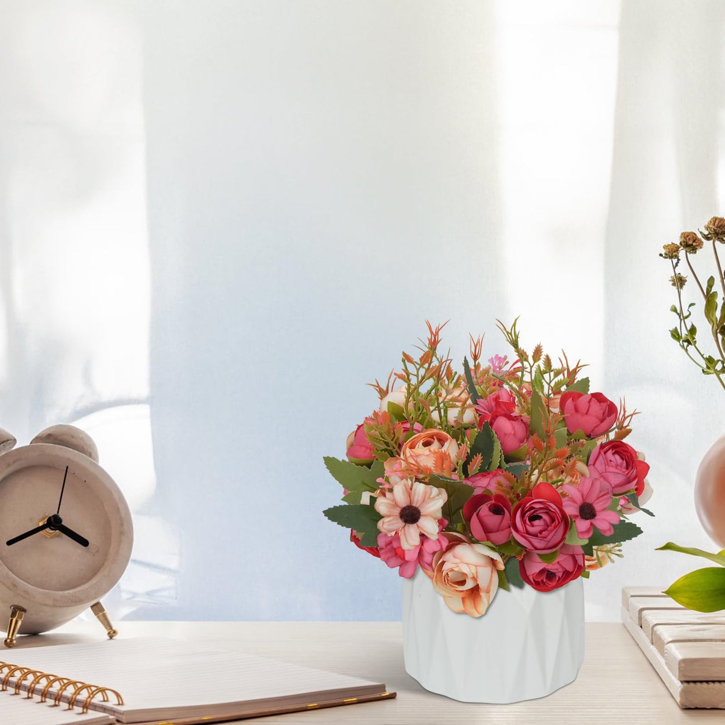 2 Pack Fake Flowers in Vase Small Artificial Faux Plants with Pot Indoor Summer Spring Decor Silk Rose Flowers for Centerpiece Table Decorations Home Office Desk Wedding Decor