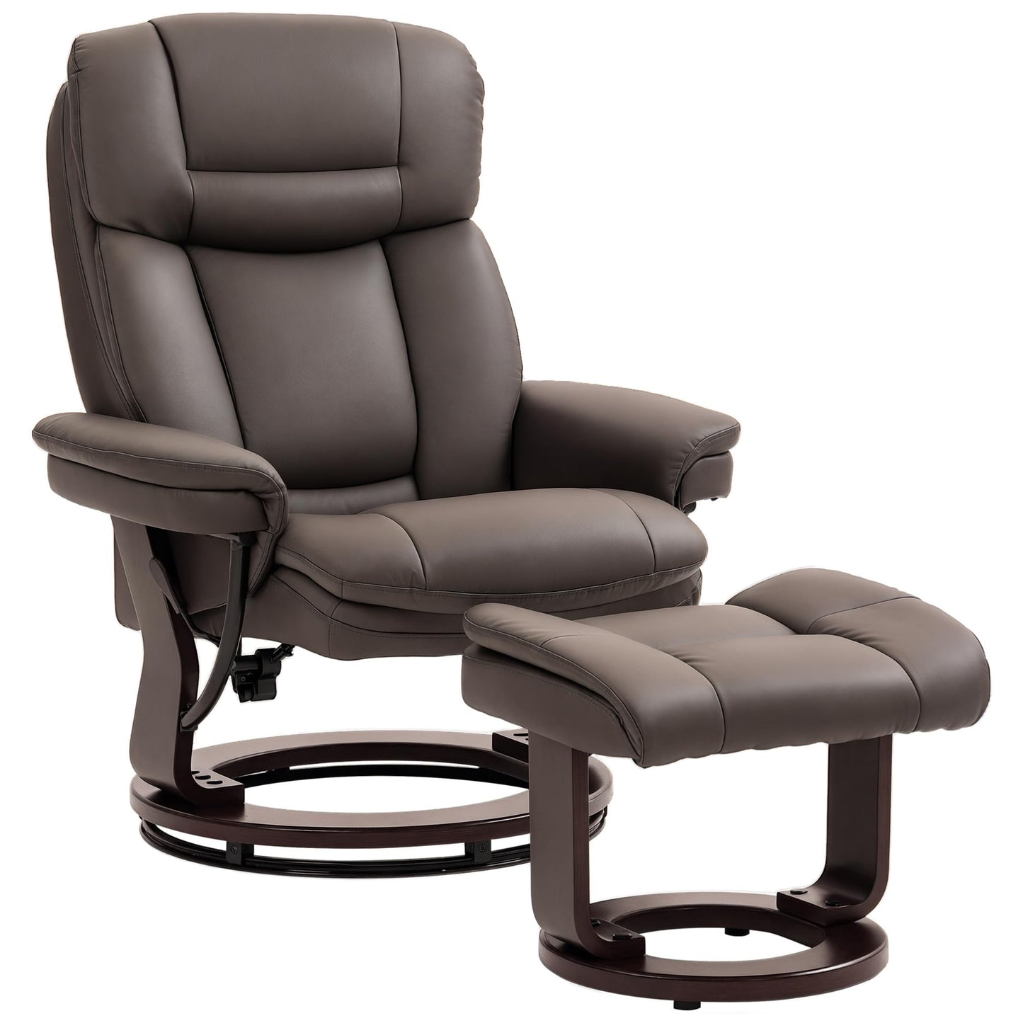 HOMCOM Swivel Recliner Chair with Ottoman, PU Leather Recliner with Adjustable Backrest, Footrest, Wood Base, Upholstered Reclining Chair for Living Room, Bedroom, Office, Dark Brown