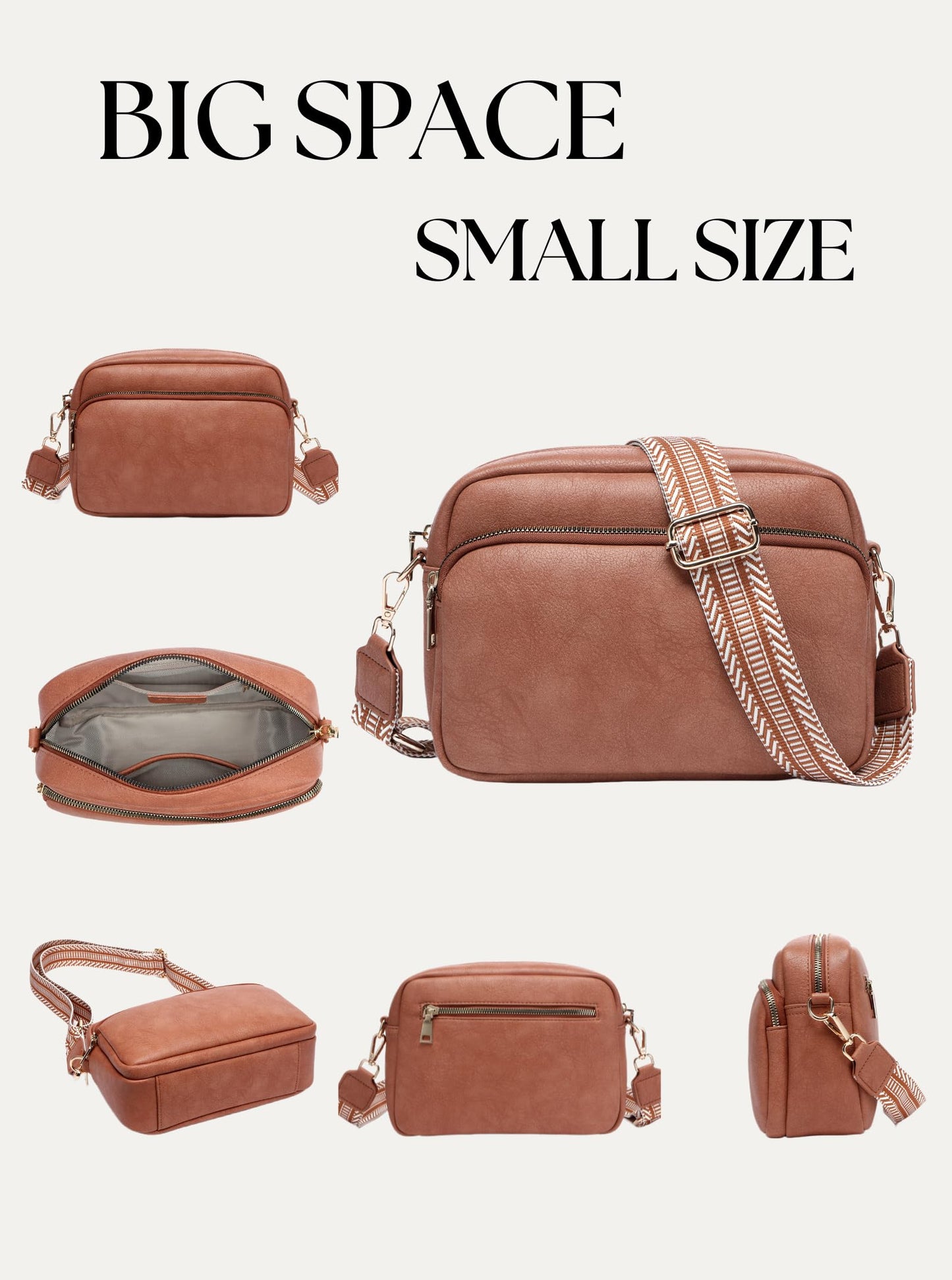 Botimmy Crossbody Bags for Women, Small Cross Body Purse Vegan Leather Triple Zip Shoulder Handbag with Adjustable Wide Strap Brown