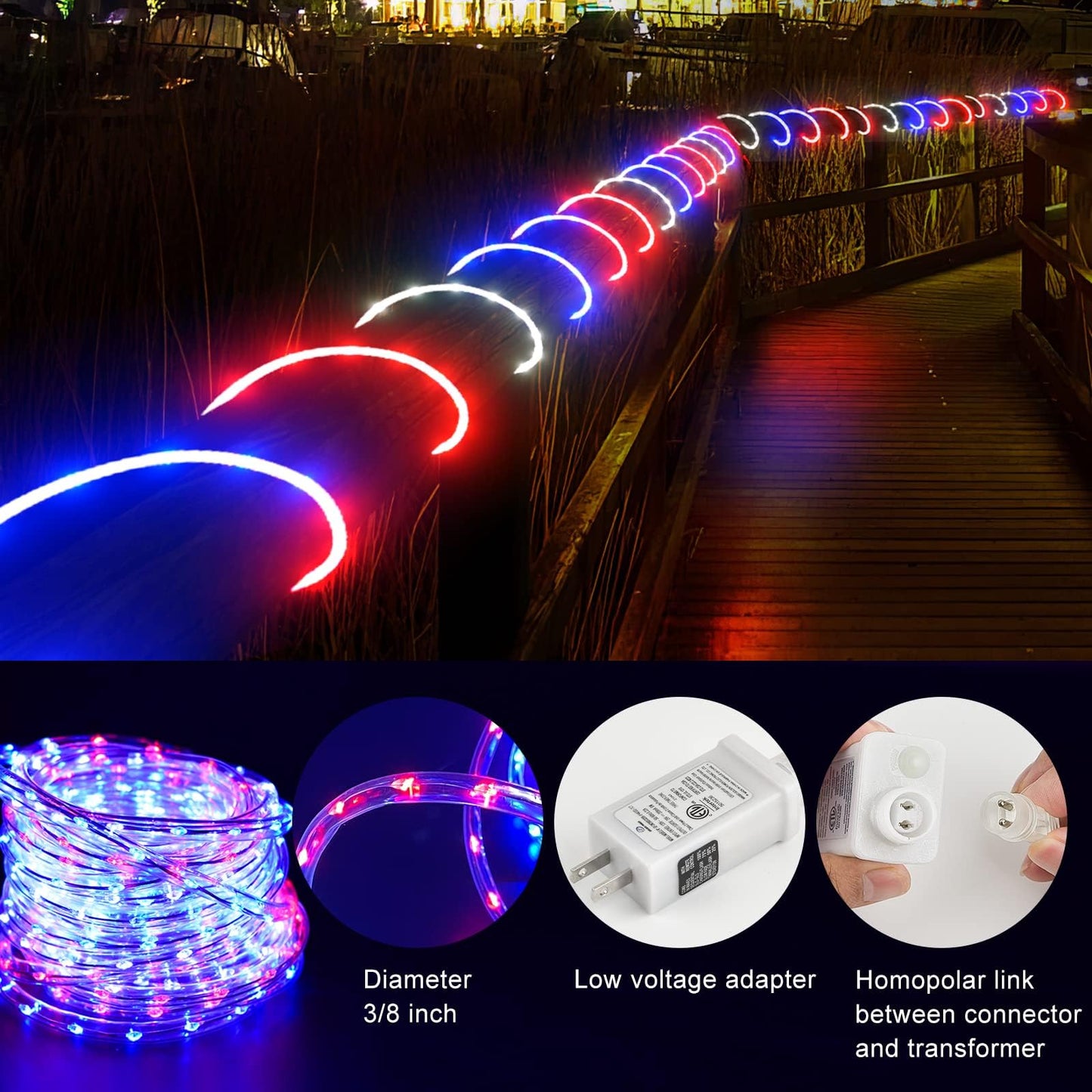 4th of July Decorations outdoor Lights, 50ft 600LED Red White and Blue Rope Lights Patriotic Rope Lights Plug in 8 Modes Remote Timer with Memory for Independence Day Memorial Day National Day
