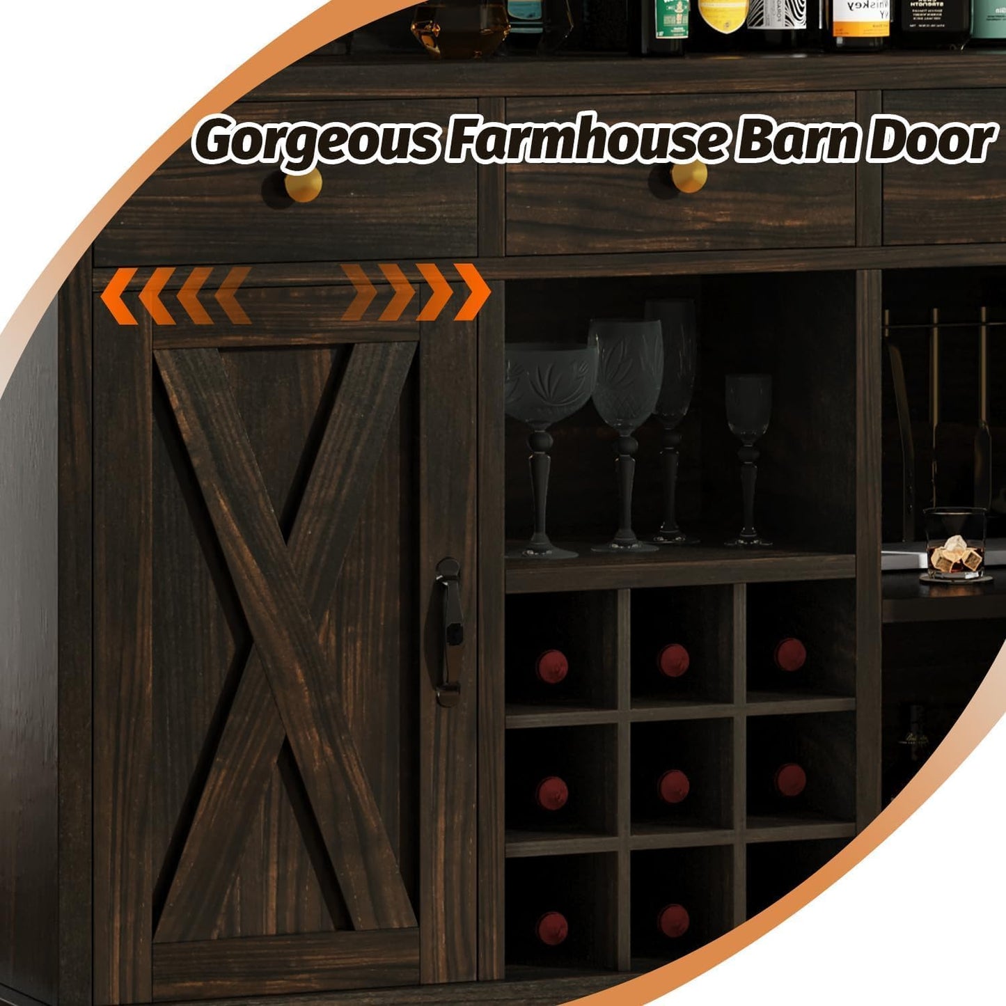 52 Inch Large Home Bar Unit, 4-Tier Storage Bar Table with Footrest & 3 Drawers, Farmhouse Wine Bar Cabinet with 9 Wine Rack & 2 Barn Doors for Living Room, Dining Room, Dark Oak