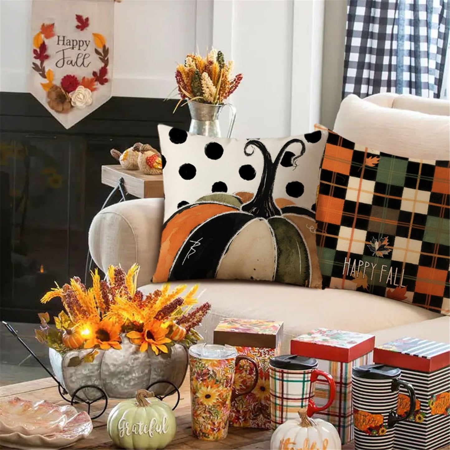 NIGHTWISH Fall Pillow Covers 18x18 Set of 4 Thanksgiving Farmhouse Decorations Polka Dots Pumpkin Maple Leaf Outdoor Fall Decor Throw Pillow Covers Checkered Harvest Autumn Cushion Case for Sofa Couch