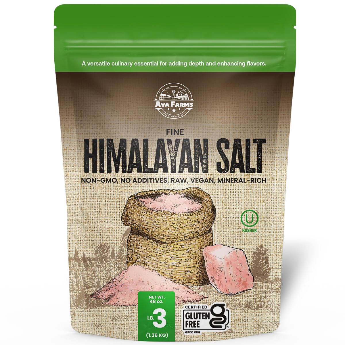 Ava Farms Himalayan Pink Salt - Fine – 3 Lb. - Gluten-Free, Non-GMO, Vegan, Raw, Kosher, Mineral Rich – Resealable Bag