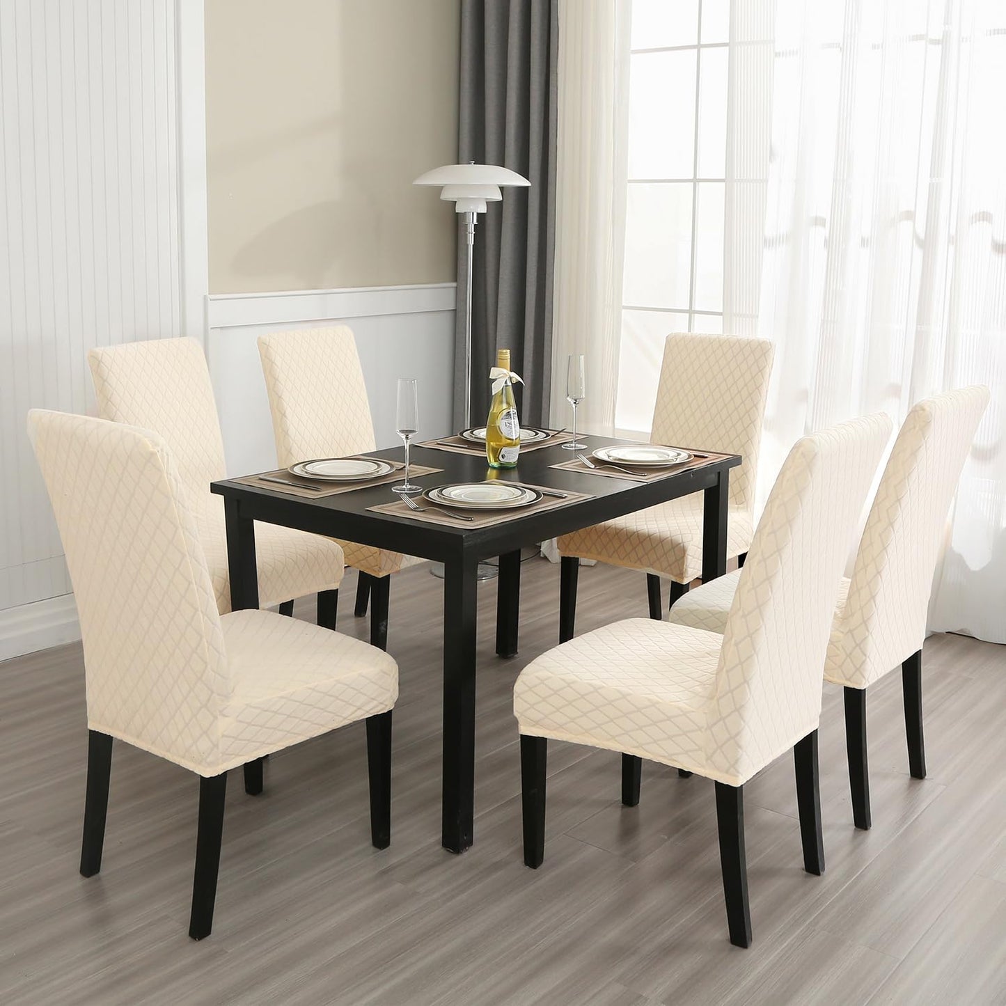 MOSAYT 100% Waterproof Dining Room Chair Covers Set of 4, Super Fit Stretch Jacquard Parson Chairs Slipcovers Removable Washable Chair Seat Protectors for Home, Kitchen, Banquet (Beige)