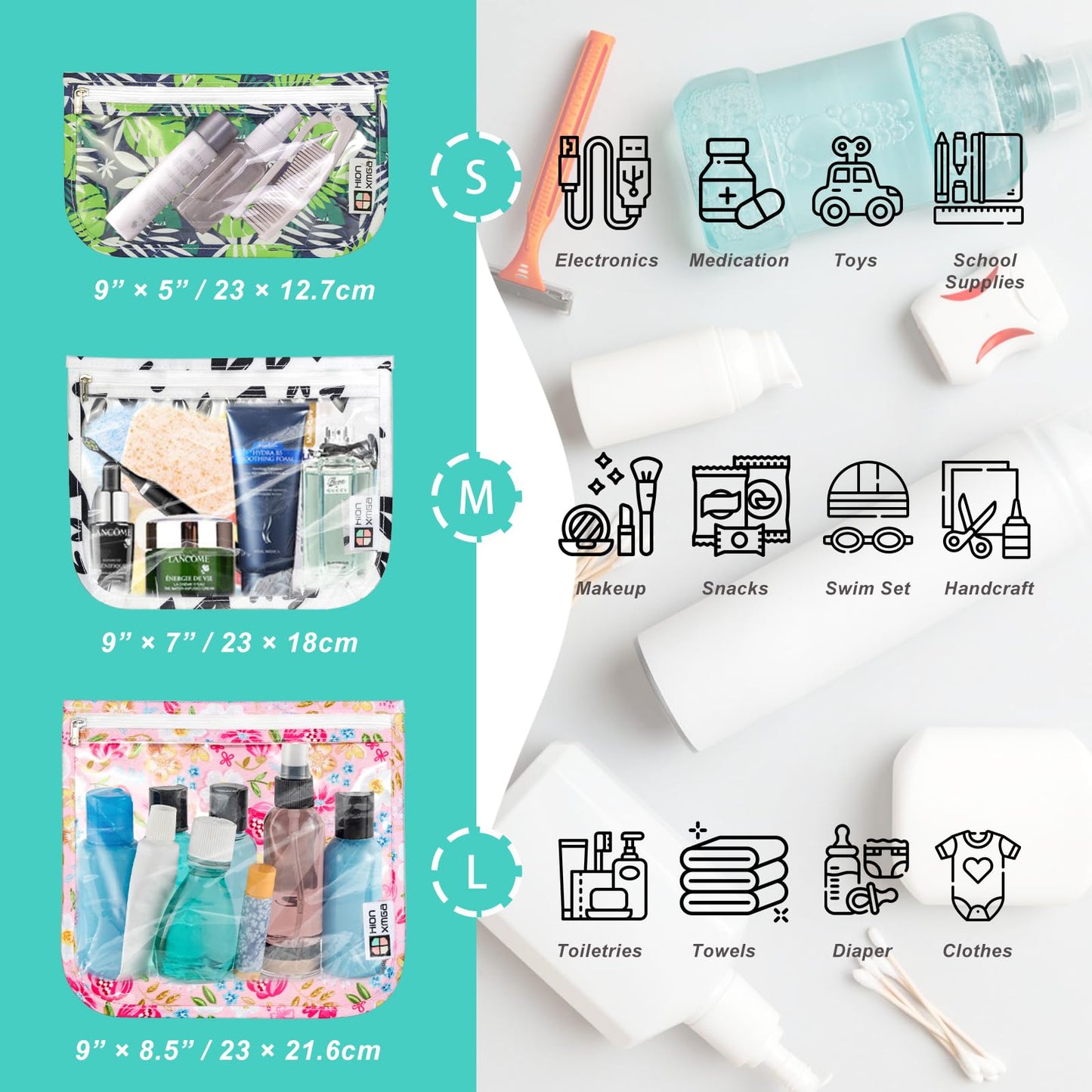 HIONXMGA TSA Approved Toiletry Bag, Set of 3 Clear Travel Toiletry Bag Quart Size Zipper Travel Pouch, Waterproof Makeup Cosmetic Bag for Women Men Kids Toiletries Carry on, Dinosaur White