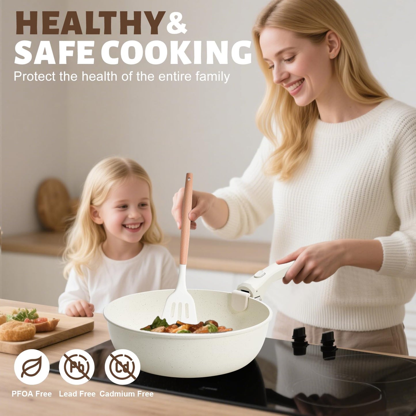 Numola 10 pcs Pots and Pan Set Non Stick with Detachable Handle, Ceramic Cookware Set for Stackable, Induction Kitchen Cookware Set for RV, Dishwasher ＆ Oven Safe, Cream White