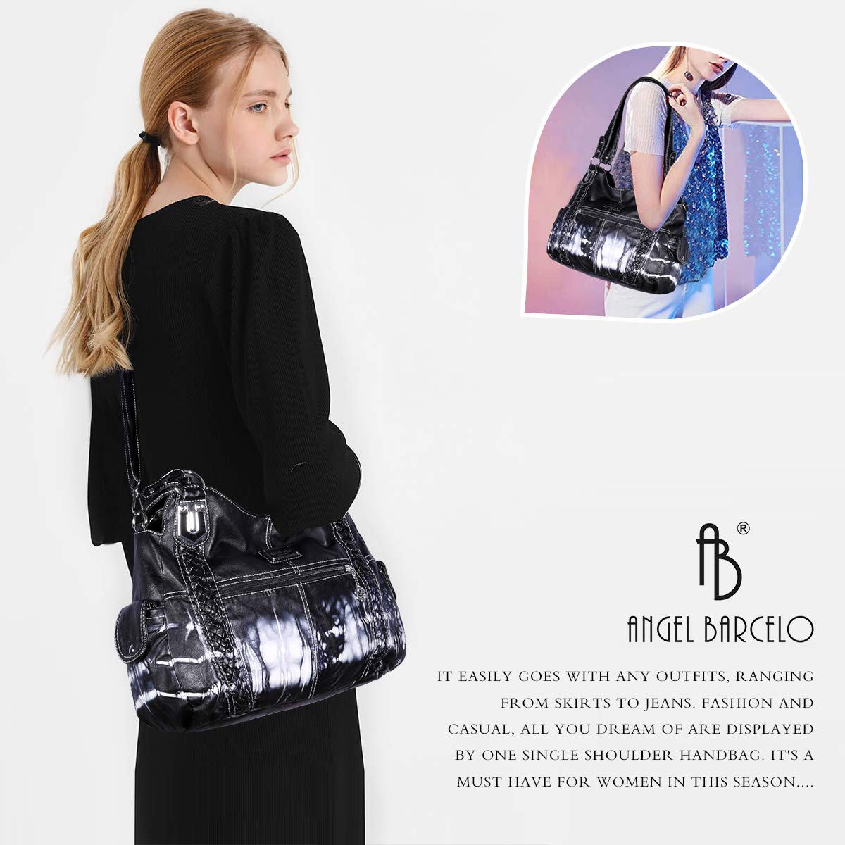 Angel Barcelo Women Handbags Ladies Purse CrossBody Shoulder Bag Designer Tie Dye Satchel Fashion Totes for Girl Black