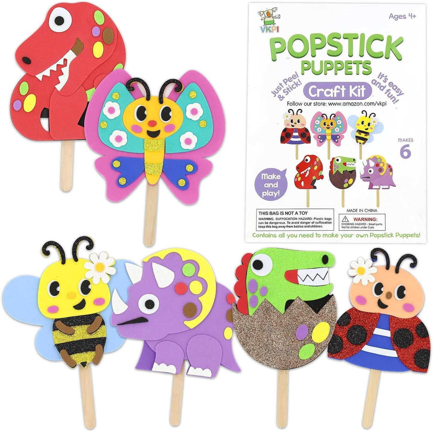 VKPI Make 6 Popstick Puppets Craft Kits for Kids, Foam Art Crafts Gift, Story Time Toys for Ages 4+ Toddler, Cloud, Animals, Preschool Projects Game Crafts, Birthday Party Favor Supplies