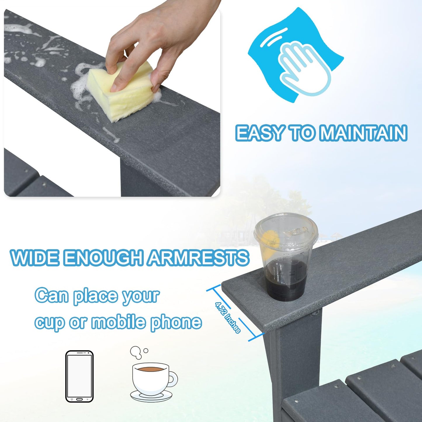 Skypatio Adirondack Chair Set of 2 with Side Table, All-Weather Patio Fire Pit Chairs High-Density Polyethylene Adirondack Chairs for Porch, Balcony, Deck, Lawn, Backyard, Grey