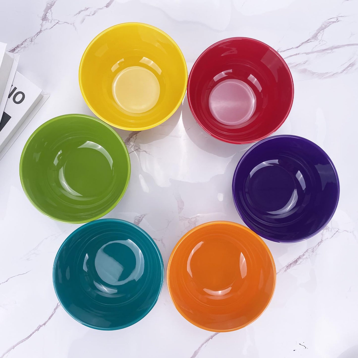 yongzhenlite Set of 6 Melamine 28oz Salad Bowl Set,6 inch Round Soup Bowl,100% Melamine Dinnerware set for Dinner or Picnic Party,Break-resistant and BPA Free,Multicolor (with Lid)