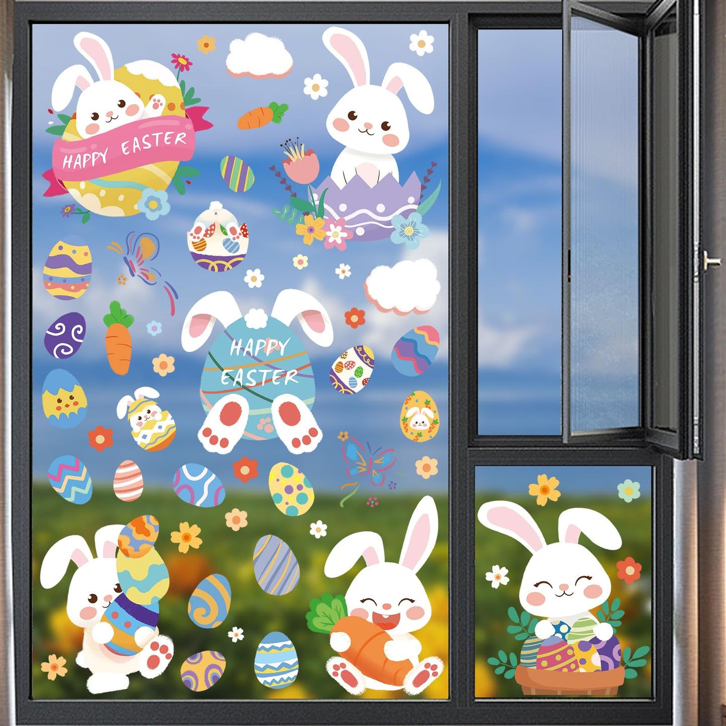 Easter Decorations Window Clings - 9 Sheets of Easter Window Stickers for Glass Windows - Spring Window Clings for Easter Decor - Perfect Easter Gifts (Cute Bunny)