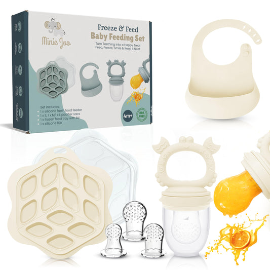 Baby Fruit Food Feeder, Bib, and Breastmilk Popsicle Molds for Teething Relief - 3 Pack Set with Multi-Portion Freezer Tray & Lid, Adjustable Spill-Resistant Bib, and 3 Pacifier Sizes (Beige)