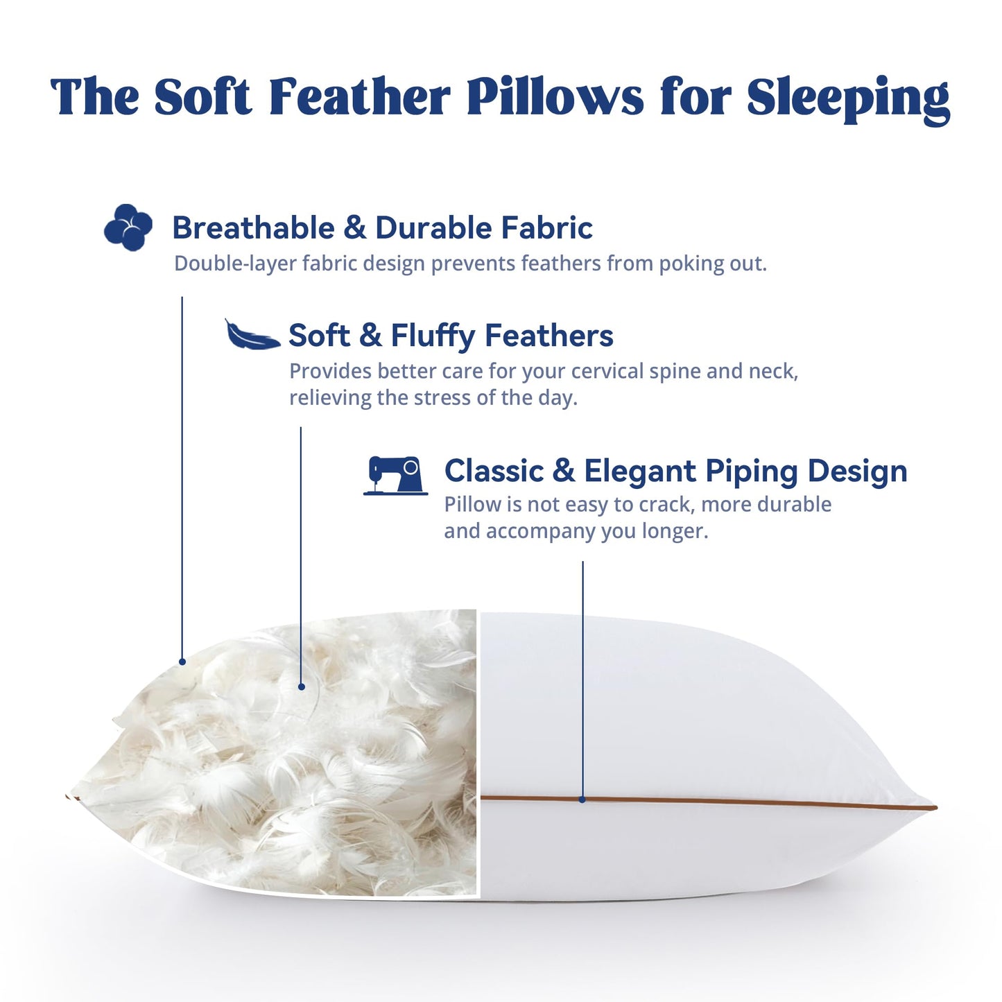 puredown® Goose Feather Down Pillows Queen Size Set of 2, Soft Fluffy Luxury Hotel Collection Pillow, 100% Cotton Cover, Medium Firm Bed Pillow for Back, Stomach or Side Sleeper.