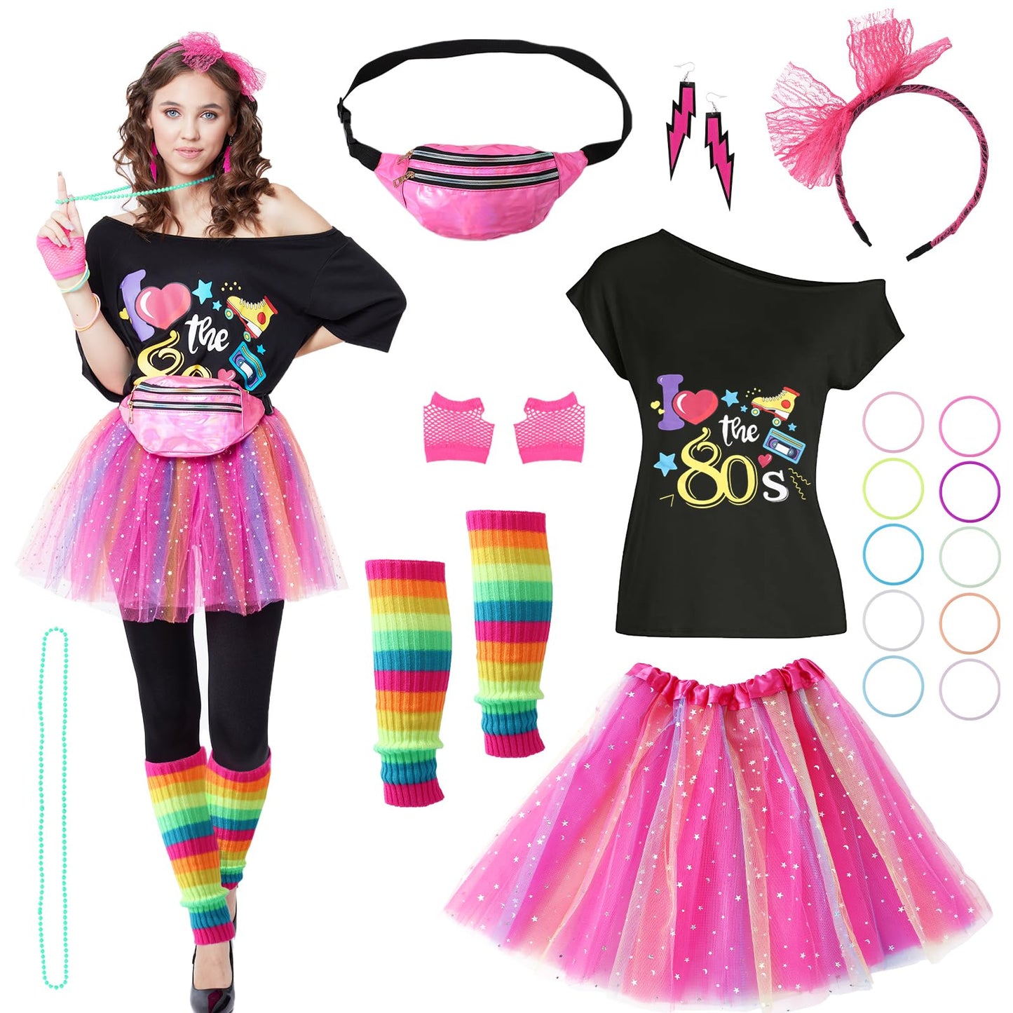 80s Outfits Costume Accessories for Women -T-Shirt, Fanny Pack, Tutu Skirt & More for Halloween, Birthday Parties