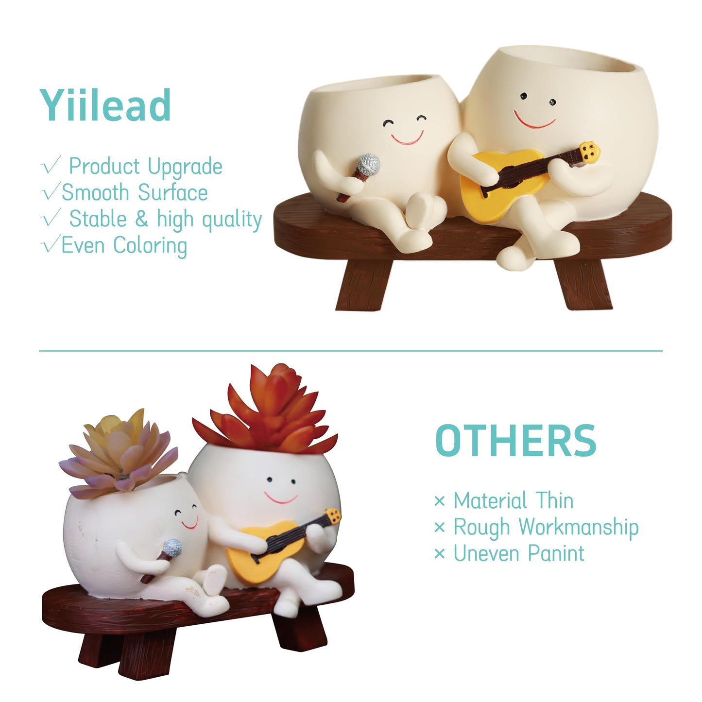 yiilead Smiley Face Planter Pot,Unique Double Head Guitar Singing Planter,with Drainage Hole Resin Cute Plant Pot,for Indoor Outdoor Plants