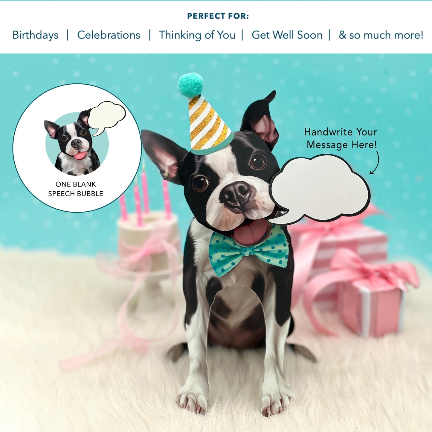 Freshcut Paper Pop Up Pet Cards, Gifts for Dog Lovers, Birthday Cards with Accessory Sheet, Note Card & Envelope, 3D Popup Greeting Card, Boston Terrier