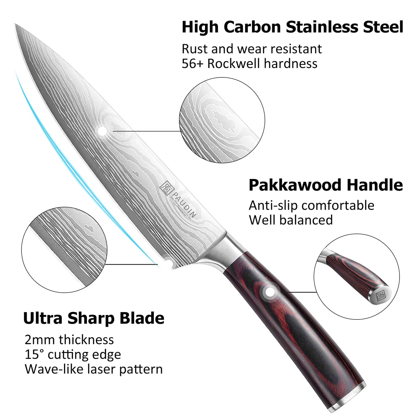 PAUDIN Kitchen Knife Set, 3 Piece High Carbon Stainless Steel Professional Chef Knife Set with Ultra Sharp Blade & Wooden Handle (Kitchen Knife Set 3 Pcs)