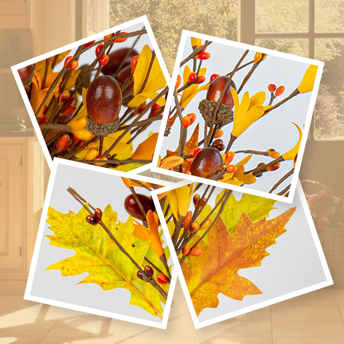 VioletEverGarden Artificial Fall Flowers 12 Pack Fall Leaves Stems 17 Inch Fall Floral Picks with Forsythia Acorn and Berry for Thanksgiving Holiday Decorations