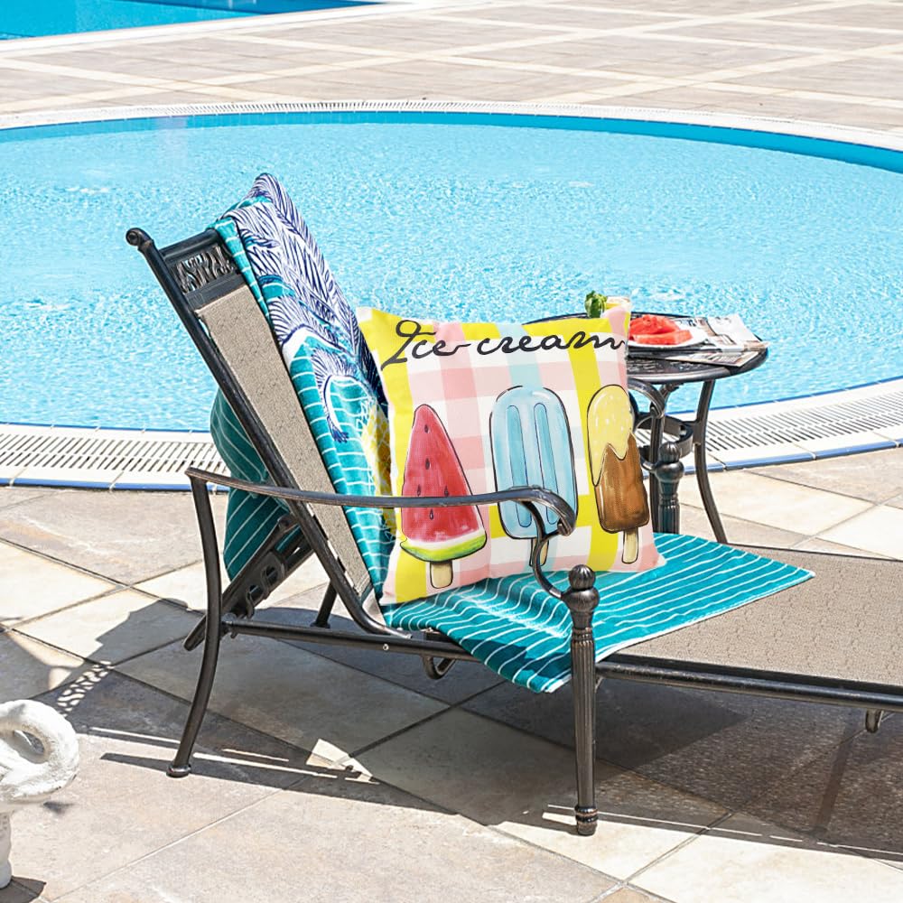 Vellibring Summer Pillow Covers 18x18 Happy Summer Throw Pillow Covers Hello Sunshine Ice Cream Pillow Covers for Farmhouse Decoration Indoor Outdoor Home Decor