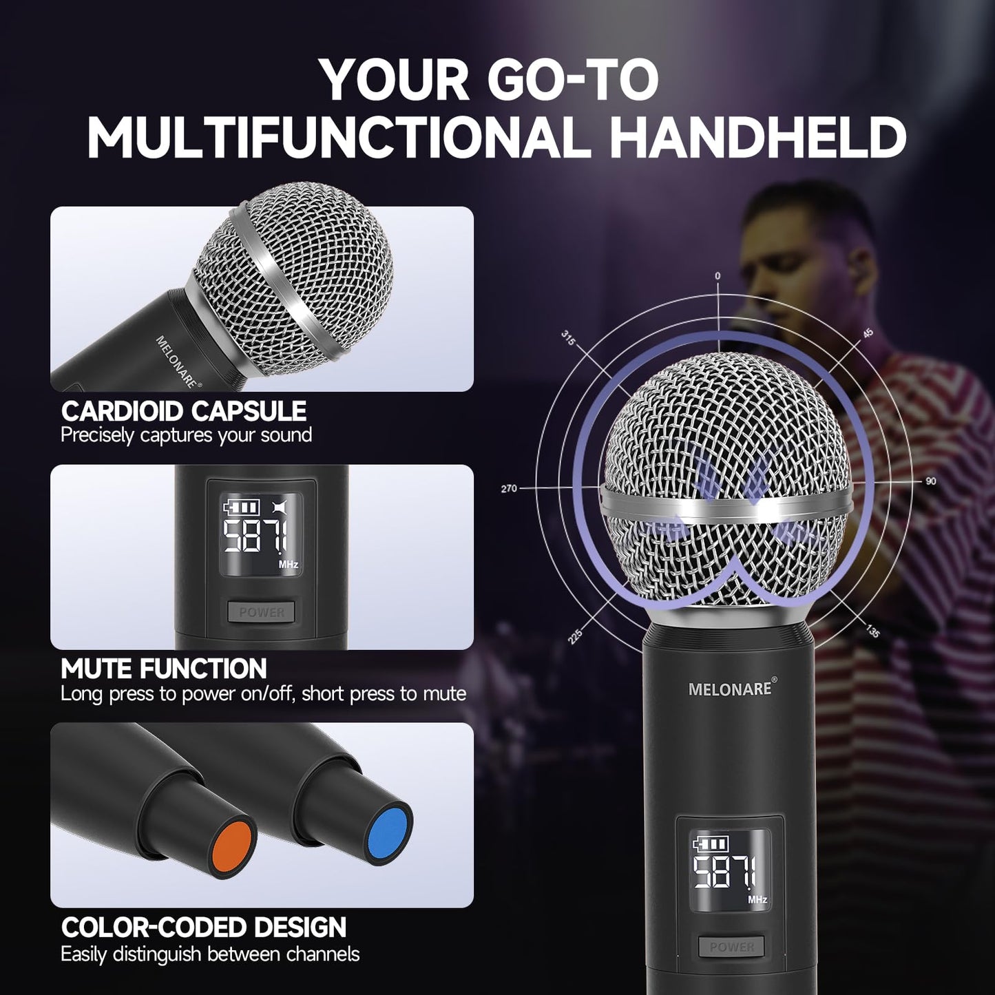 Dual Channel Wireless Microphone System, MELONARE Auto-Scan Professional Cordless Dynamic Mic Set, 260ft Range, 2x100 UHF Metal Wireless Mic for Singing, Karaoke, Church, Wedding, DJ (MWU-20-2H)