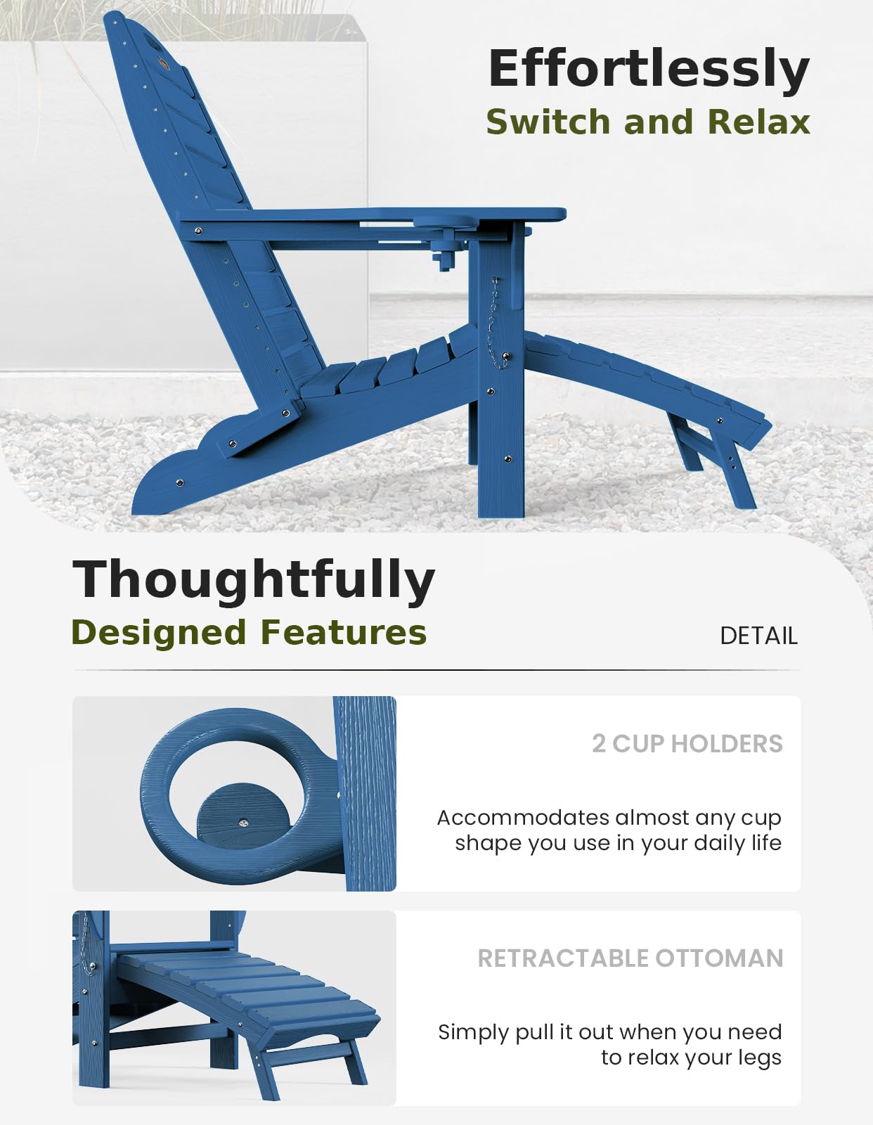 Ciokea Folding Adirondack Chair Set of 2 with Retractable Ottoman Fire Pit Patio Chair with Pull Out Foot Rest Weather Resistant Lawn Outdoor Chair with 2 Cup Holder (Navy Blue)