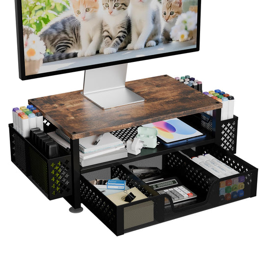 Simple Trending 2 Tier Metal Monitor Stand Monitor riser and Computer Desk Organizer with Drawer and Pen Holder for Laptop, Computer, iMac, Black