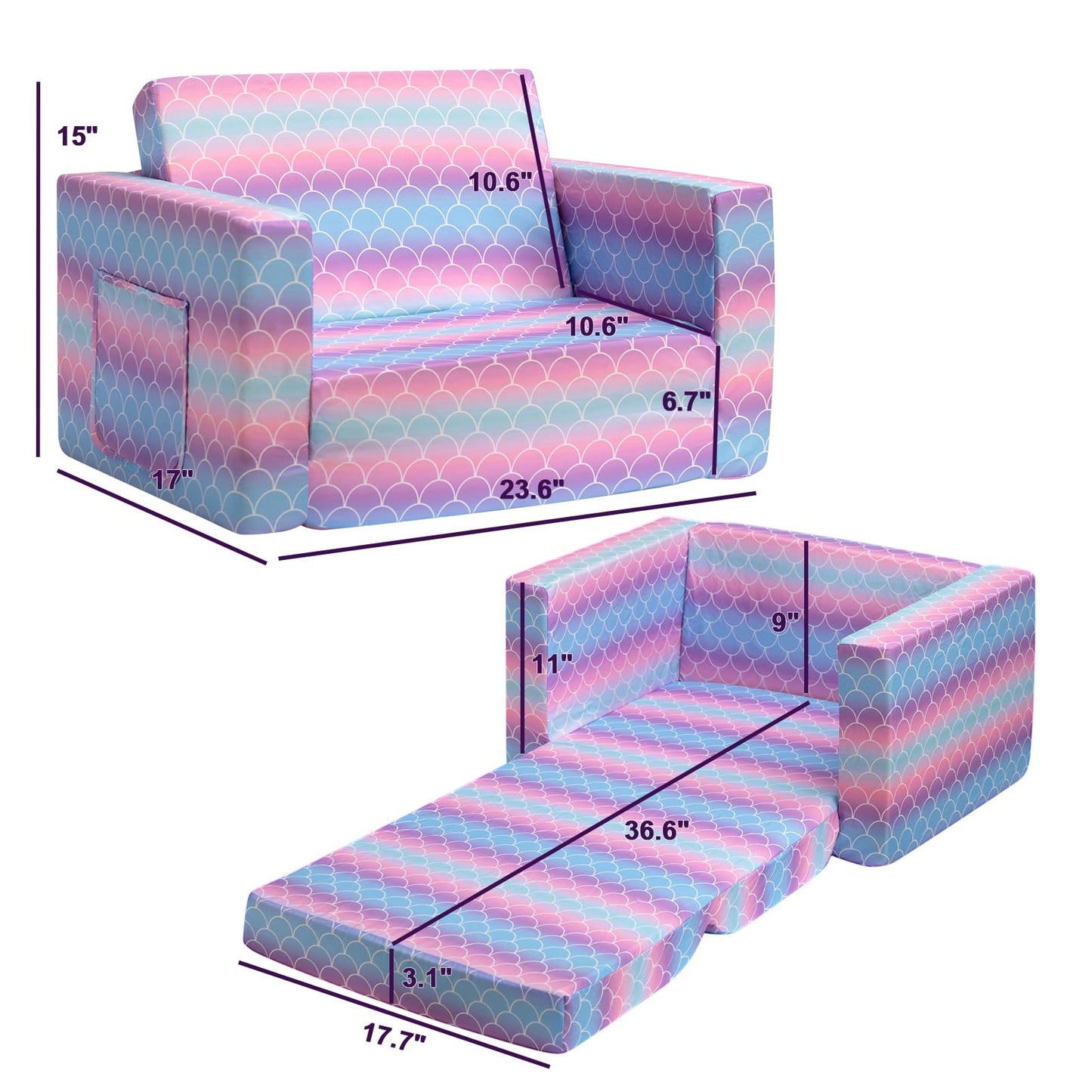 ALIMORDEN 2-in-1 Flip Out Comfy Toddler Couch, Lovely Kids Chair Convertible Sofa to Lounger for Story/Nap Time, Mermaid Scale