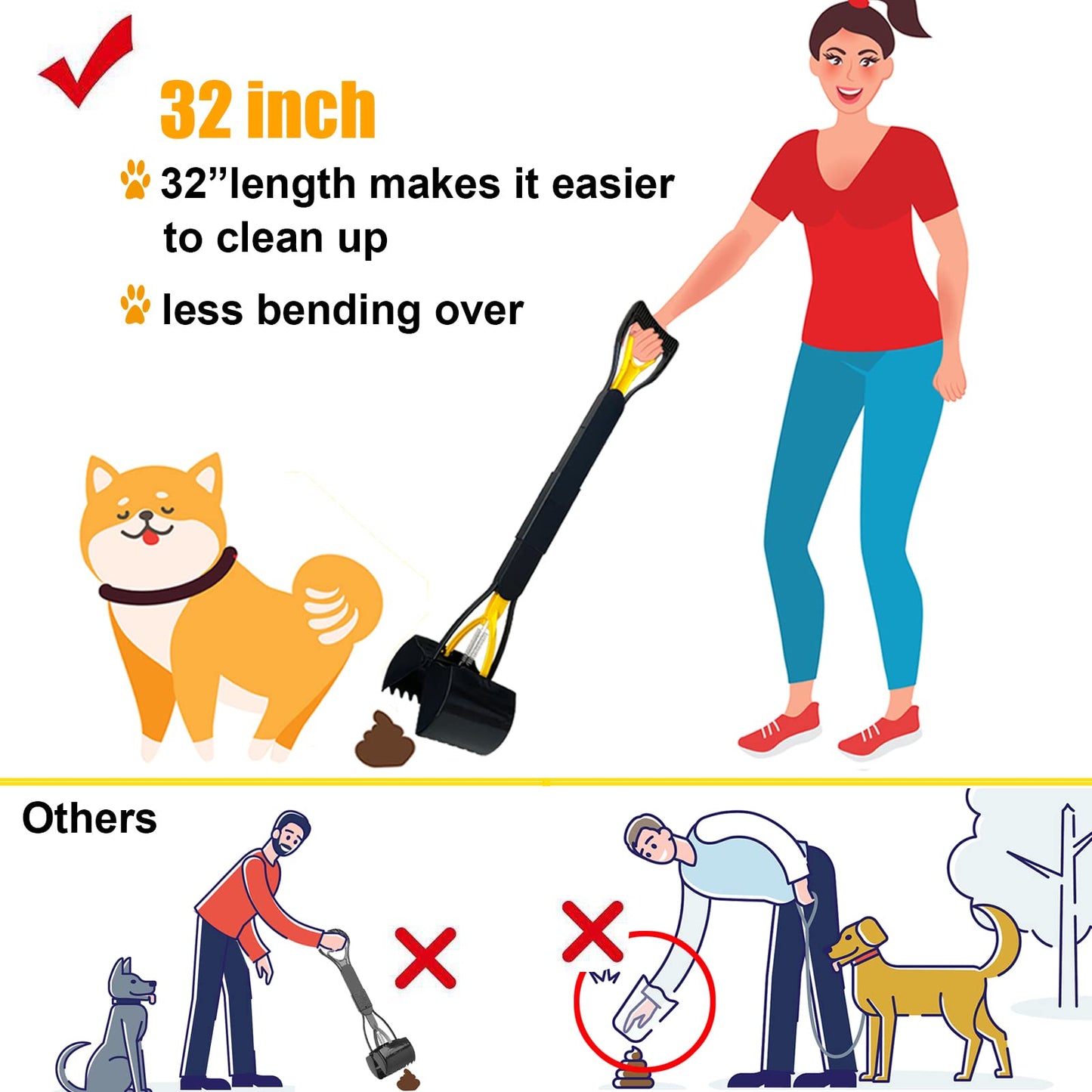 ienjoyed 32“ Tall Pooper Scooper, Large Pooper Scooper for Dogs Heavy Duty, Dog Pooper Scooper with Long Handle & High Strength Durable Spring, Foldable Dog Poop Pick Up